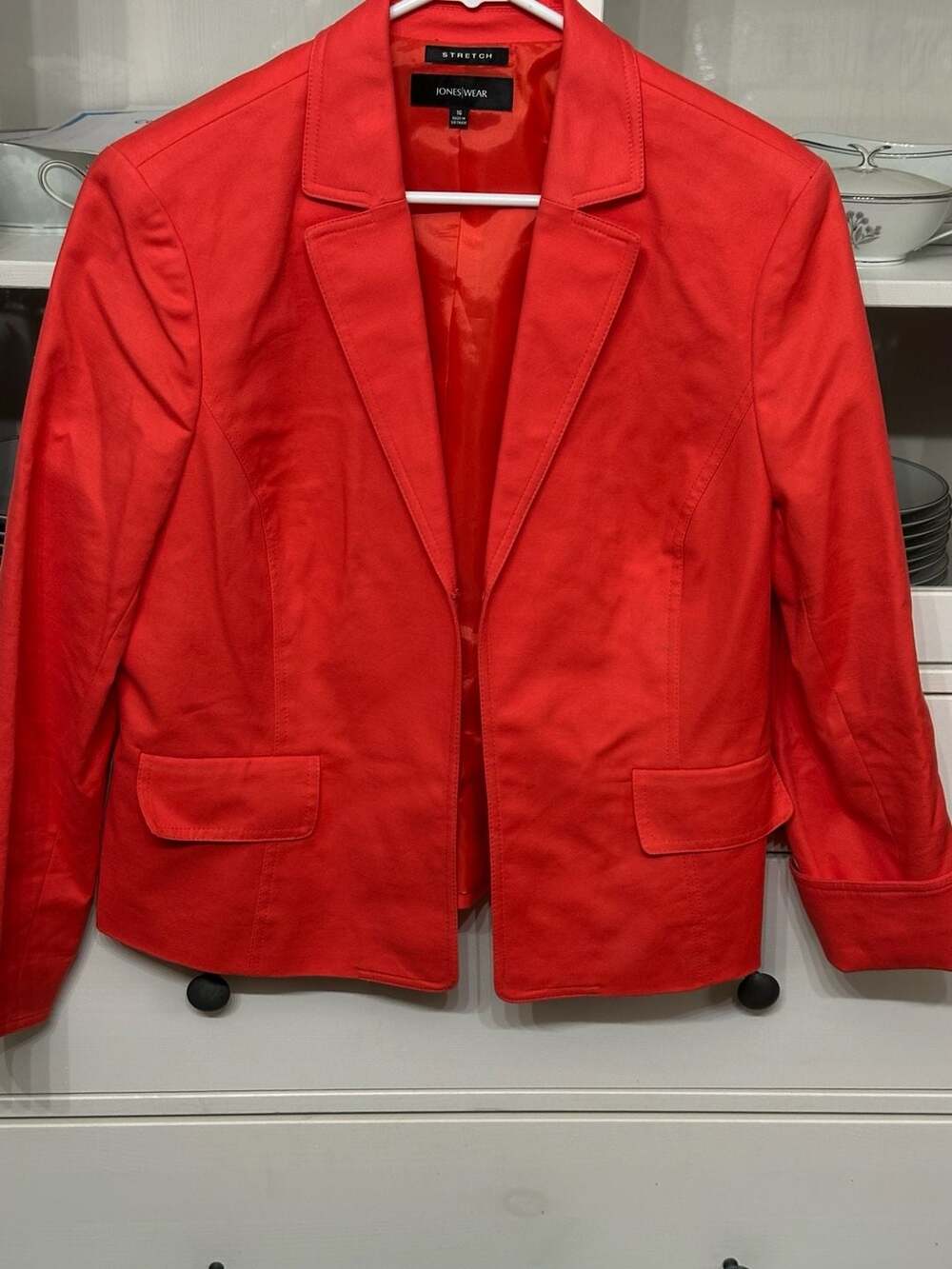Jones New York Stretch Coral Red Cotton Spandex Blazer Jacket Size 16